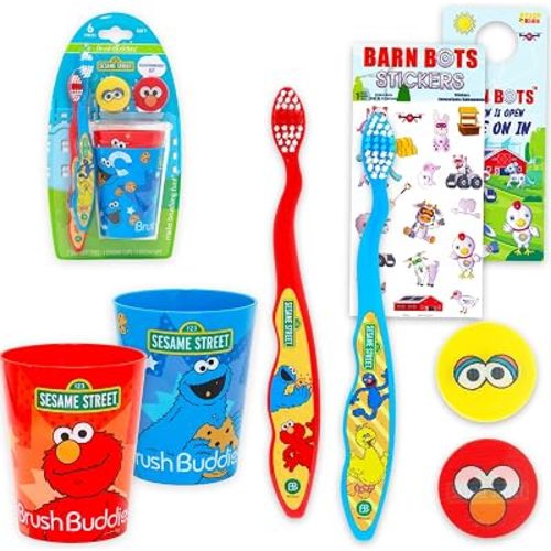 Sesame Street Toothbrush and Cup 2 Pk for Kids - 6 Pc Bundle with Big Bird Toothbrushes, Cookie Monster Cups, Stickers, More for Boys, Girls, Toddlers | Sesame Street Toothbrush Set (Styles May Vary)