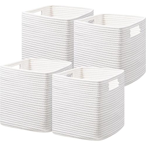 Storage Cubes 11 Inch, Cotton Rope Woven Baskets for Organizing, Cube Storage Bin for Baby Nursery, 4-Pack Square Toy Storage Baskets for Shleves Organizer, Closet, Kidsroom, White