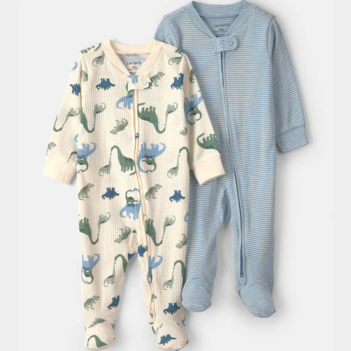 Baby Boy 2-Pack Snug Fit Sleepers Stripe and Dino - Blue | Carter’s Oshkosh Canada