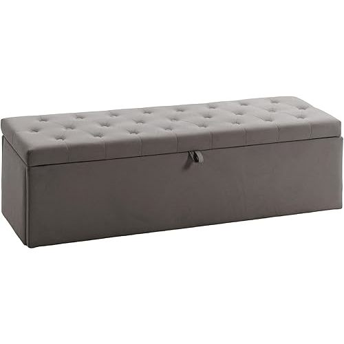 HOMCOM Storage Ottoman, Upholstered Velvet End of Bed Bench with Thick Padding, Button Tufted Storage Bench for Bedroom, Living Room, Hallway, Grey