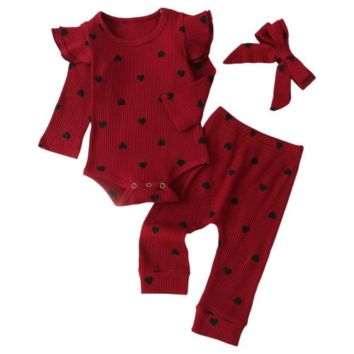 Sopiago Girl Outfits Baby Girl's 3pc Rib Frill Long Sleeve Romper and Pant Set Baby Clothes for Girls 0-3 Months,