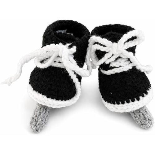 Handmade Crochet Hockey Skate Booties, Black & White, Soft Acrylic Yarn, Infant 0-9 Months, Photo Prop Gift