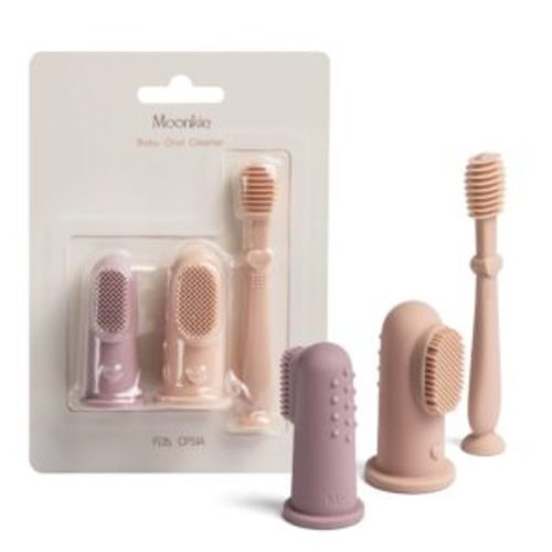 Moonkie Kit de limpieza oral para bebé, 3 piezas (2 cepillos de dedo + 1 limpiador de lengua), silicona suave libre de BPA – Colores rubor/malva pálida/rubor - The Baby Club Costa Rica