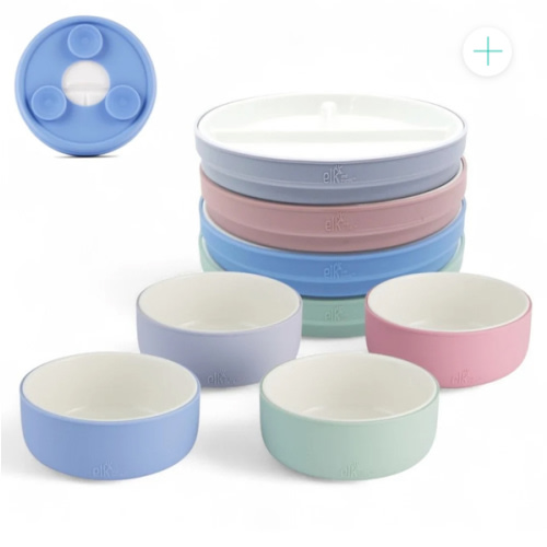 Kids Porcelain Mealtime Bundle | Suction Sleeves | 6.7" Plates + Bowls | 8 Pcs | Blush/Lilac/Sage/Misty Blue
