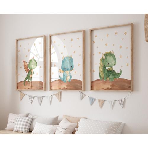 Dragon Printed art print, Watercolor boy Dragon Printed and shipped Watercolor dragon art printed on high archival paper Set of 3 D2-A3