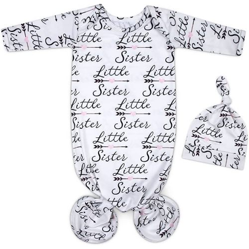 Baby Newborn Knotted Gown 0-6 Months, Soft Breathable Sleeper Gowns, Babies Girl Coming Home Outfit Infant Little Sister Nightgowns with Hat Set