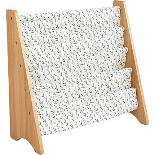 Humble Crew 4-Tier Kids Bookshelf, Natural/White/Green - Premium Book Shelf for Kids Rooms with Four Deep Pockets - Toddler Sling Book Rack with Deep Sleeves, Nursery Bookcase Organizer