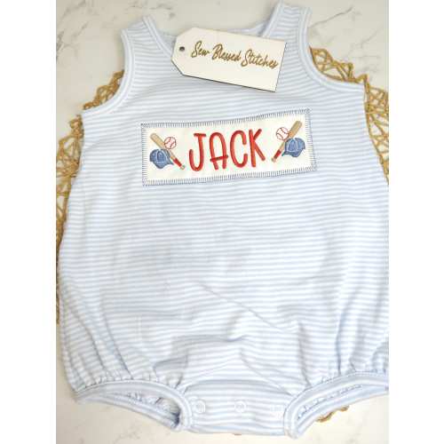 Personalized Baseball Stripe Baby Bubble: Monogrammed Boy Romper