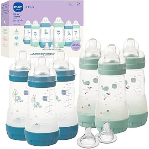 MAM 9oz Easy Start Anti-Colic Baby Bottles, Medium Flow with 2X Bonus Nipples (Fast and Extra Fast Flow), Reduces Colic, Gas, & Reflux, Easy-to-Clean, BPA-Free, 2 Plus Months