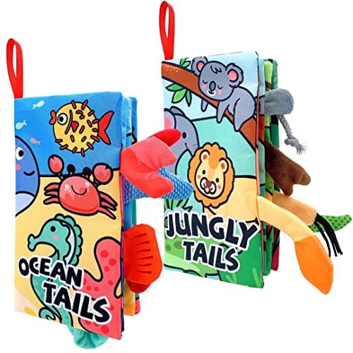 TIGER UP Sensory Books for Babies, Soft Early Educational Books with Squeaky Sound for Infants, Crinkle Washable Cloth Tails Books