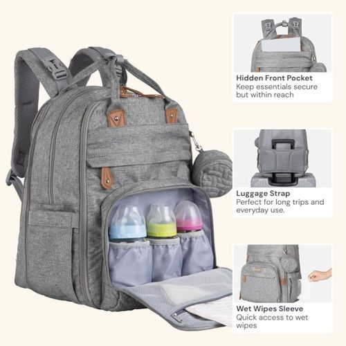 BabbleRoo Extra Large Diaper Bag Backpack, Expandable Baby Bag with Up to 50% More Capacity - Travel Essentials Baby Bag Tote with Changing Pad, Stroller Straps & Pacifier Case - Unisex, Light Gray