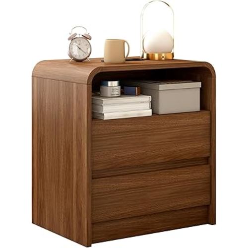 Modern Nightstand, 23.6-Inch Wide with Charging Station & Curved Anti-Collision Design, Mid-Century Storage Cabinet, Pre-Embedded Slots, Sturdy & Reusable, Ideal for Dorm, Sofa, or Office (1)