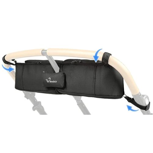 StrollAir - Universal Best Double Parent Stroller Organizer Caddy Insulated Cup Holder Console side-by-side Mountain Buggy TWIN WAY Bob Duallie Baby Jogger City Mini GT – Black