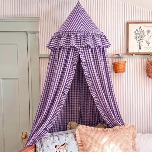 SmoothNovelty Gingham Plaid Bed Canopy with Ruffles, Purple White, Round