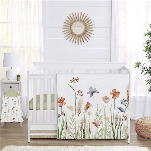 Sweet Jojo Designs 4-Piece Baby Crib Bedding Set (Green Boho Floral) for Girls, Infants/Nursery incl. Blanket, Fitted Sheet, Skirt, Diaper Stacker (Flower, Garden, Bohemian, Farmhouse, Wildflower)