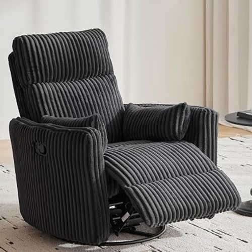 LINSY 360° Swivel Recliner Chair, Nursery Glider Rocking Chair with 2 Pillows, Corduroy Nursing Chair Comfy High Back Adult Rocker Recliner for Small Spaces, Nursery Bedroom Living Room(Black)