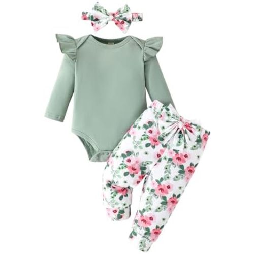 GDTOGRT Newborn Baby Girl Clothes Outfit Set Sweet Ruffle Romper, Pants and Headband 0 3 6 9 12 18 Months Infant Clothing