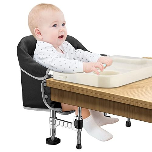 Toogel Hook On High Chair with Tray, Fits Tables with Lips & Skirts, Black | Foldable Portable Baby Feeding Seat for 6-36M, Double Lock Clip-On, Max 37 lbs, Carry Bag, Quick Install for Home Travel