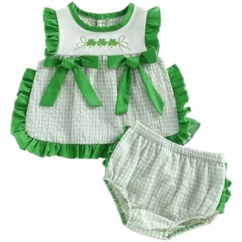 4th of July Baby Girl Outfit Newborn Fourth of July Embroidery Plaid Ruffle Sleeveless Tshirt Shorts Summer Sets