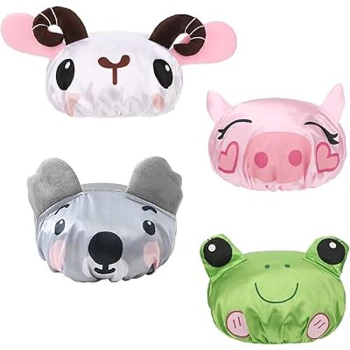 kilofly 4pc Fun Cute Animal Shower Caps for Kids Reusable Waterproof Bath Hat Set