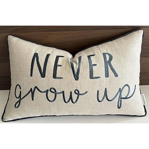 Rudransha 12x20 Never Grow Up Lumbar Pillow Cover - Embroidered Quote Design - Decorative Cushion for Living Room, Bed, Lounge, Nursery - Fun Accent Pillow - Natural