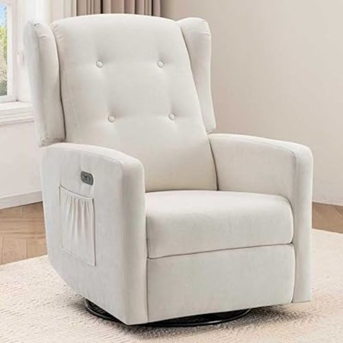 Power Swivel Rocking Recliner Chair, Electric Rocker Nursery Glider Chair, USB and Type-C Ports, Upholstered Fabric Reclining Single Sofa Chair for Living Room (Beige)