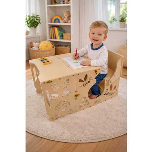 Wooden Teddy Bear Montessori Step Stool Tower: 2-in-1 Desk and Chair, Transforming Furniture