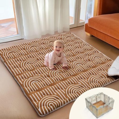 Soft Thicker Baby Mat for Floor 50"x50", Non-Slip Baby Play Mat, Easy to Clean 50x50 Playpen Mat, Portable Playmat, Crawling Mat for Infants, Babies, Toddlers, Activity Mat, Rainbow, Brown C2