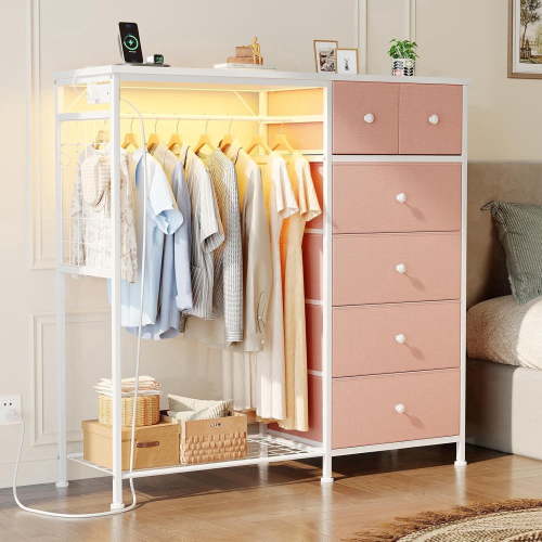 Taoset 6-Drawer Dresser with Clothes Rack & Charging Station, Garment Rack with Hanging Rod & Side Hooks, Free Standing Closet Organizer Storage Shelves for Bedroom, Cloakroom, Pink
