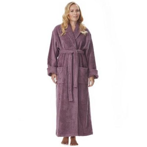 Arus Women's Full Length Turkish Terry Cotton Robe, Shawl Collar Long Bathrobe , Grape , Large/X Large