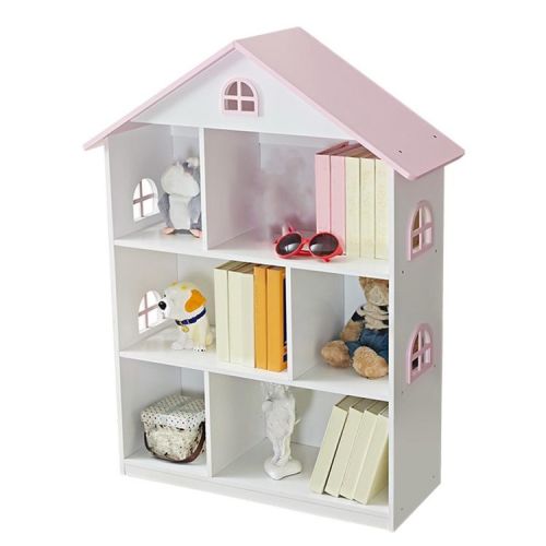 Angel Sar Wooden Bookshelf, 3-Tier Kids Bookshelf with Dollhouse Design, Toy Storage Organizer for Bedroom Playroom, Pink & White