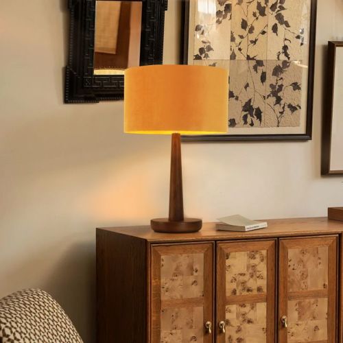 18.5" Walnut Tapered Wood Table Lamp with Velvet Drum Shade for Bedside, Living Room, Reading Corner, Cafe, Guest Lounge, or Hotel Room,Orange