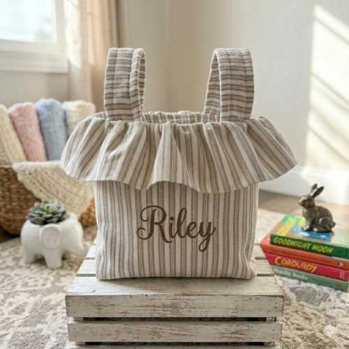 Personalized Ruffle Stroller Caddy Bag | Baby Shower Gift | Mom Tote Organizer | Beige and White Stipe Stroller Bag