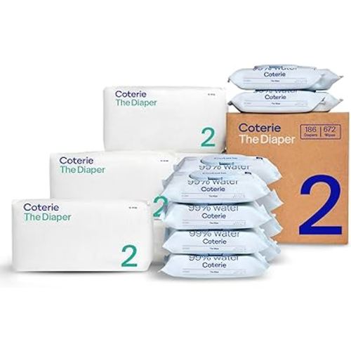 Coterie Baby Wipes + Diapers Kit, Size 2 Diapers (186 Count) & 12 Pack (672 Count) Baby Wipes with 99% Water, Plant Based Materials, Hypoallergenic for Sensitive Skin
