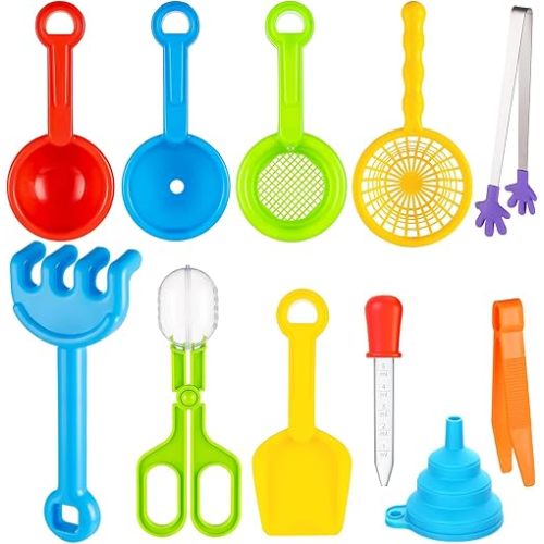 11 Pieces Sensory Bin Filler, Fine Motor Skills Handy Toys Set with 5 Scoops, Tweezers, Mini Silicone Tong, Scissors Clip, Dropper, Beach Shovels, Funnel, Sensory Bin Accessories Tools
