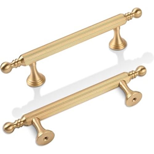 SALISENG-2 Pack Solid Brass Kitchen Cabinet Handles，3-3/4 Inch Gold Dresser Drawer Pulls, Modern Furniture Door Handles for Bathroom Cabinet, Wardrobe and Closet Door