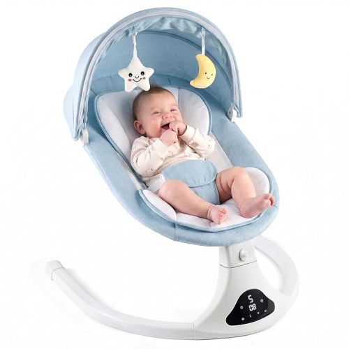 Electric Baby Swing with Remote Control - 5 Natural Motion Speeds, Detachable Seat Pad | Portable Infant Swing for Indoor/Outdoor Use (0-12M, 20lbs) (Blue)