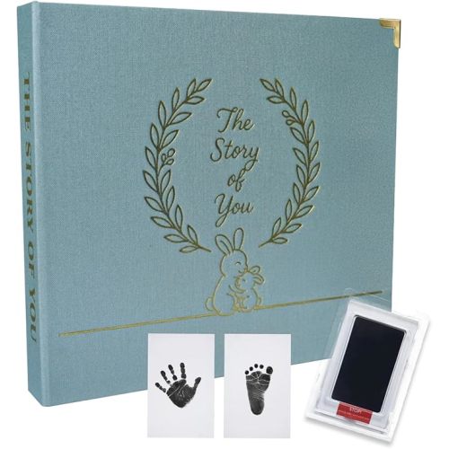 Baby Memory Book Keepsake Journal – First 5 Years, Gender Neutral, Newborn Photo Album & Milestone Book with Hand & Footprint Kit, Scrapbook Gift for Baby Shower (Green)