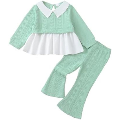 Kucnuzki Toddler Baby Girl Clothes Outfit Long Sleeve Blouse Polo Shirt Top Flare Leggings Pants Two Piece Outfits Set