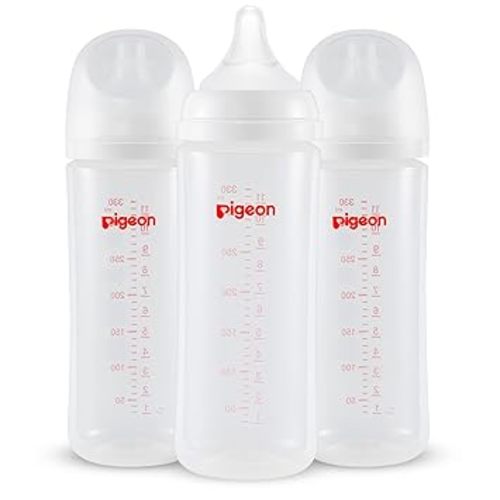 Pigeon PP Nursing Bottle Wide Neck, Anti-Colic, Streamlined Body, Natural Feel, Easy to Clean, 5 Oz (Pack of 4), Includes 4pcs SS Nipples (0m+)