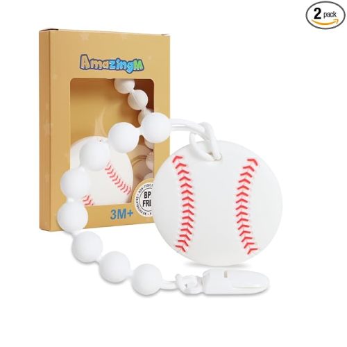 Baby Food Grade Silicone Sport Ball Teether Toy with Pacifier Clip Holder,Teething Toys Gift Set for 3 Months+ Boys and Girls,Freezer Safe,BPA Free. (Baseball)