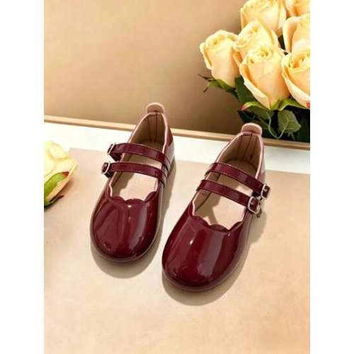 Burgundy Shiny Patent Leather Girls' Mary Jane Shoes, Wavy Scalloped Edge Collar, Gentle And Delicate; Double Adjustable Buckle Straps For Secure Fit; Wide Round Toe Protects Toes, Soft Sole Lightweight And Non-Slip, Perfect For Daily Wear And Dressy Occa