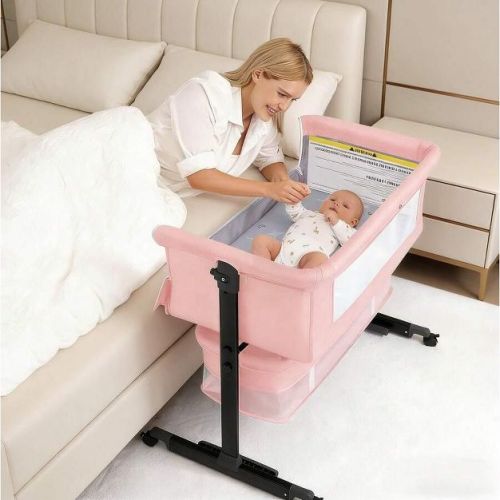 Kmaier Baby Bassinet Foldable Portable Bedside Crib,Storage Basket Breathable Mesh,Pink