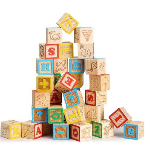 SainSmart Jr. Wooden ABC Blocks 40PCS Stacking Blocks Baby Alphabet Letters, Counting, Building Block Set for Toddlers 1.2 Inch