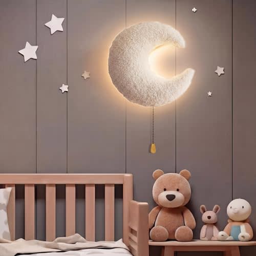 Aurelema Fluffy Moon Night Light Wall Lamp Sleeping Nursery Lighting Cute Floating Battery Operated Hanging Lamp for Baby Boys Girls Bedroom Room Nursery Wall Decorations
