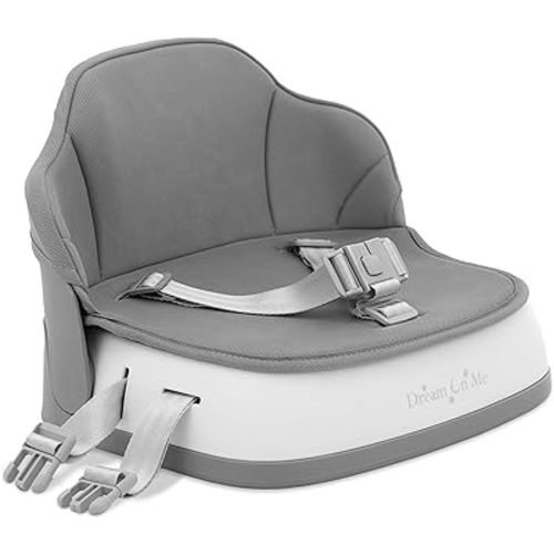 Dream On Me Cozy Pod Baby Booster Seat for 6–36 Months, Portable Travel Booster Chair with 3-Point Safety Harness & 2 Fixing Belts, for Table & Dining, Lightweight Foldable & Easy to Carry - Gray