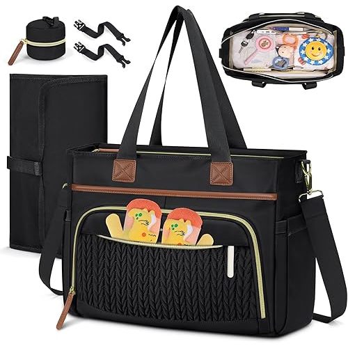 RAINSMORE Diaper Bag Tote, Large Diaper Baby Bag Waterproof Multifunctional Diaper Bag with Pacifier Case & Changing Pad