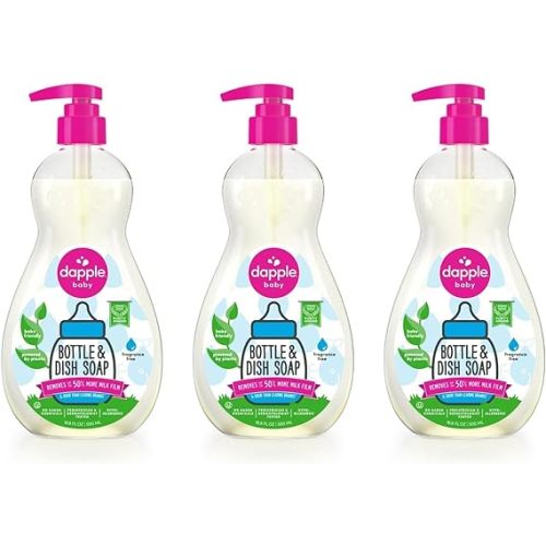 Dapple Baby Bottle Soap, Hypoallergenic Dish Soap for Baby Bottles, Powered by Plants, 1 Pump Included, Packaging May Vary, Fragrance Free, 16.9 Fl Oz (Pack of 3)