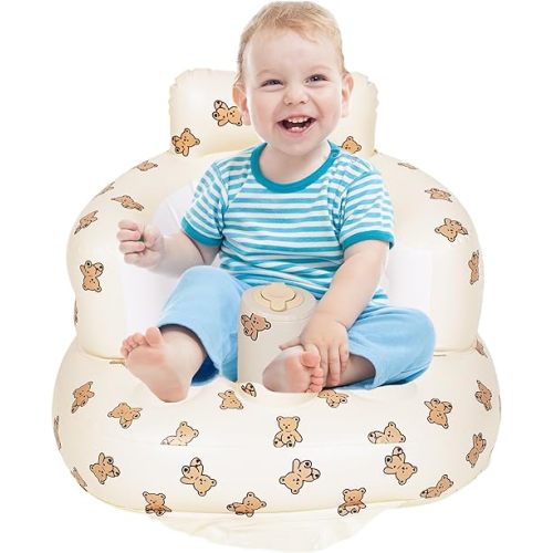 Inflatable Baby Seat Blow up Chair Inflatable Infant Chair for Babies 3-36 Months Learn to Sit up Floor Seat Bliss Built in Air Pump Brown Bear