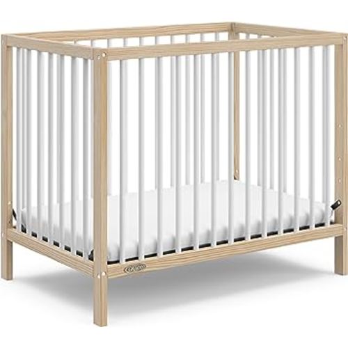 Graco Teddi 4-in-1 Convertible Mini Crib with Bonus Water-Resistant Mattress (Natural with White) – GREENGUARD Gold Certified, 2.75-Inch Mattress Included, Convenient Size, Easy 30-Minute Assembly